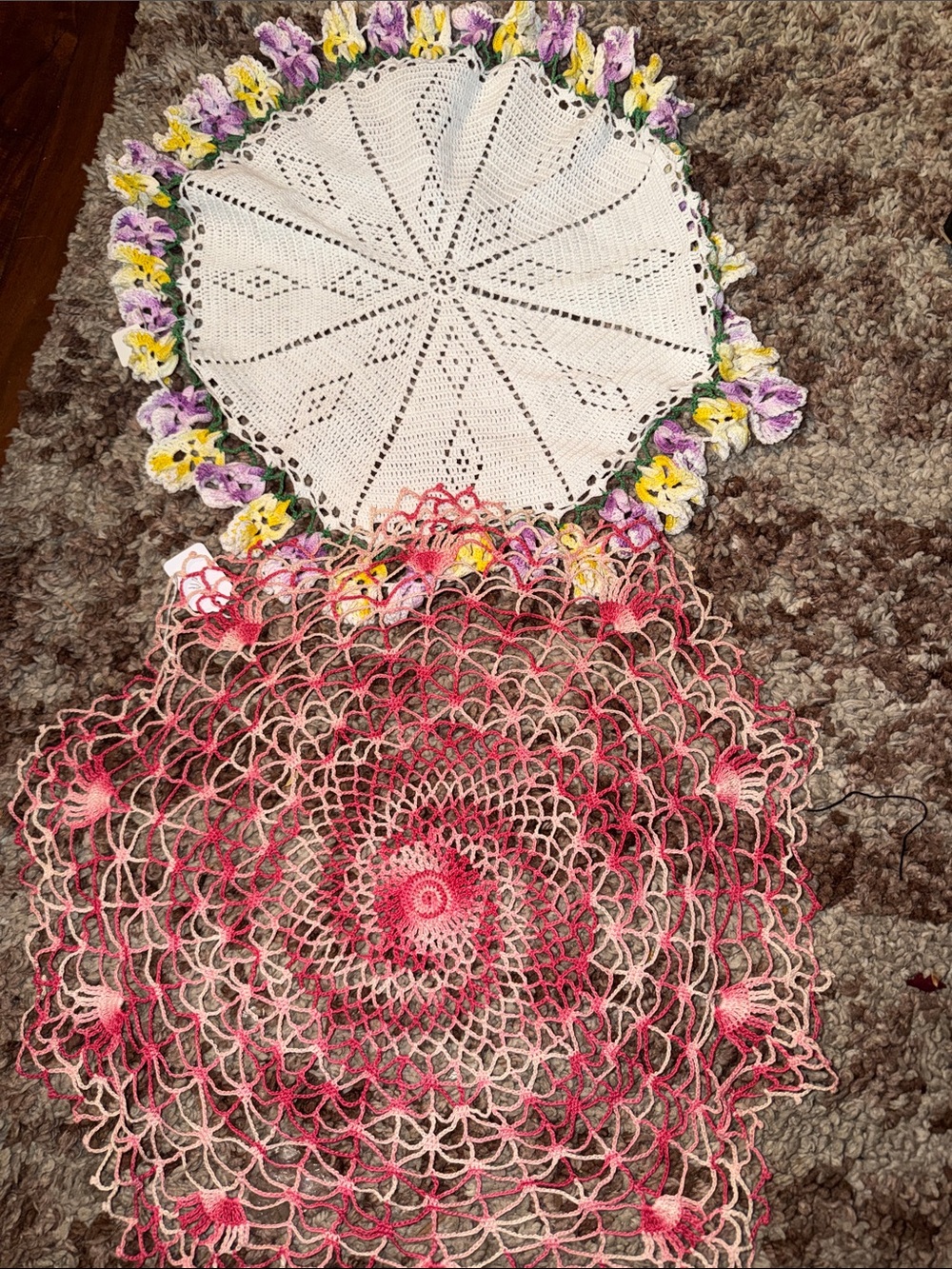 Handcrafted Crochet Accent Doilies in White and Pink